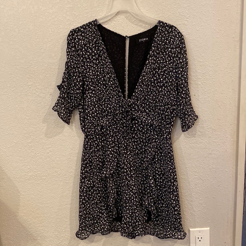 Black Floral Romper with Tie Front and some Ruffles